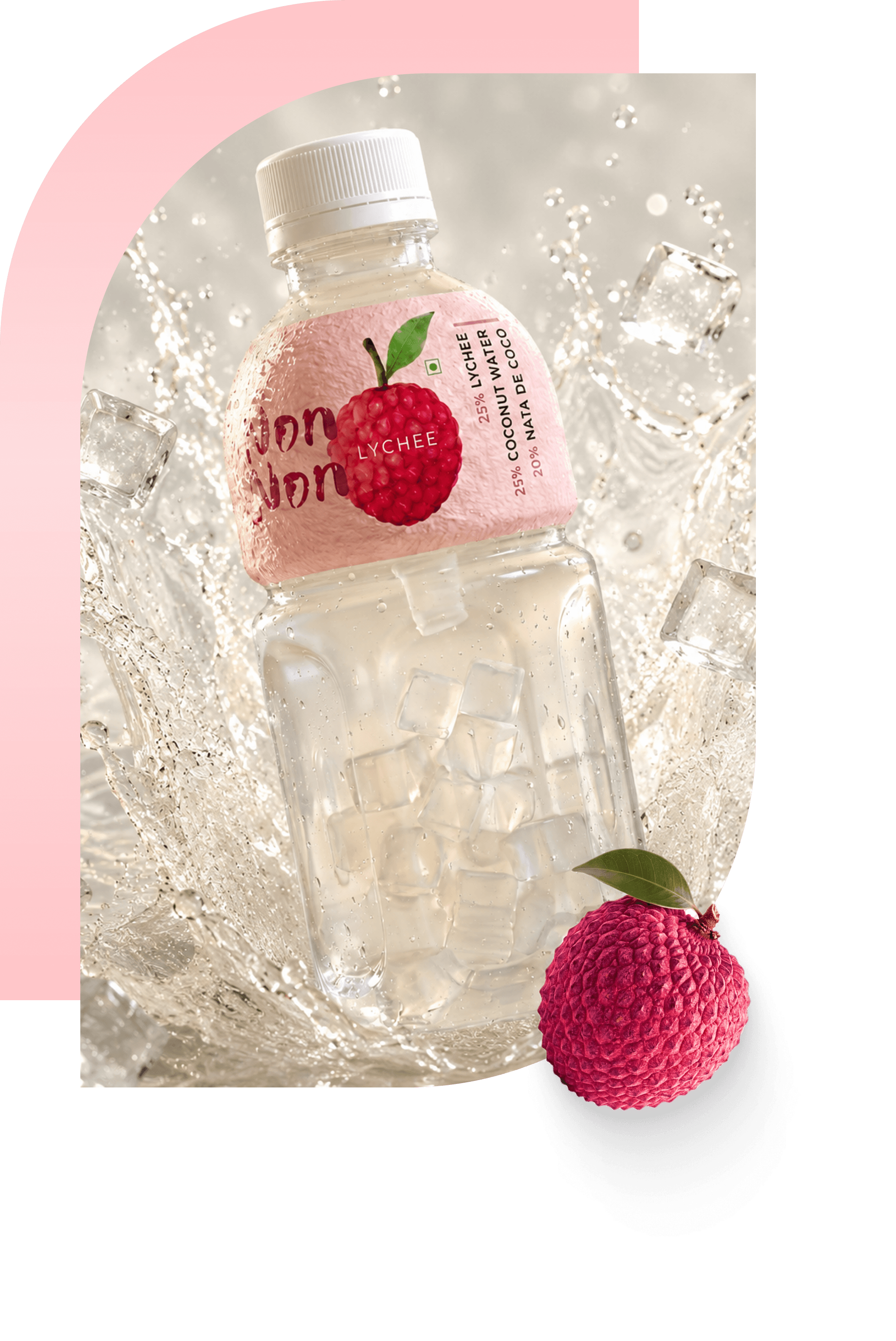 Non Non lychee bottle with pink arch, ice and lychee fruit