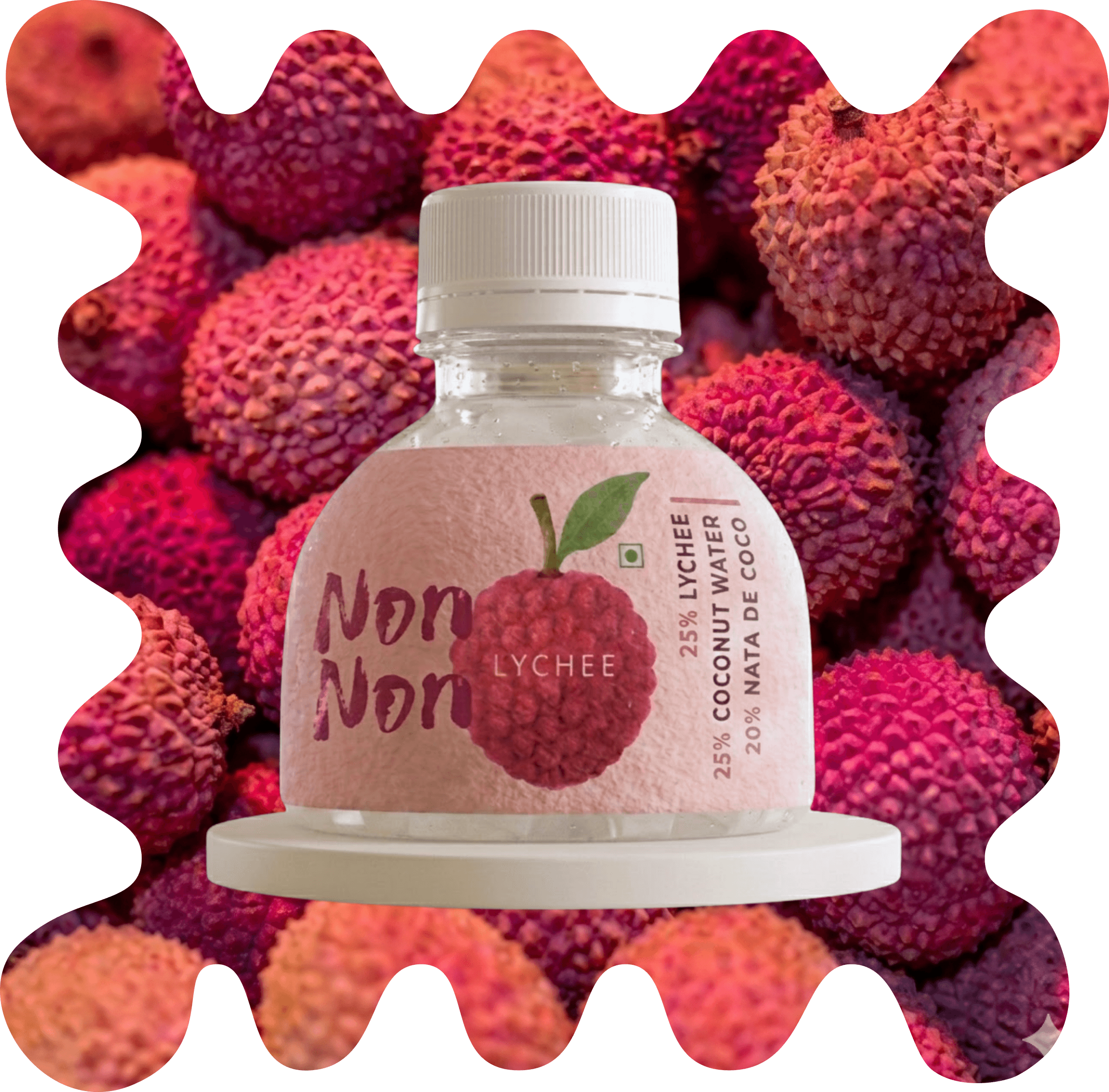 Non Non lychee bottle on fresh lychee fruit