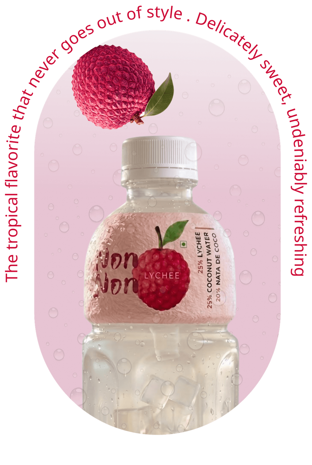 nonnon lychee bottle with curved text and lychee fruit
